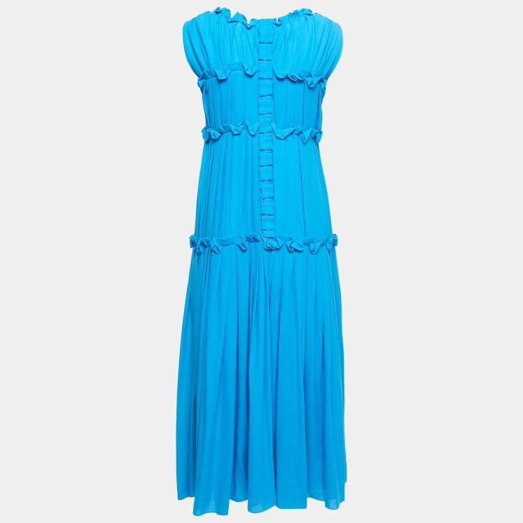 Pre Owned Bottega Veneta Blue Ruffled Cotton Sleeveless Midi Dress M