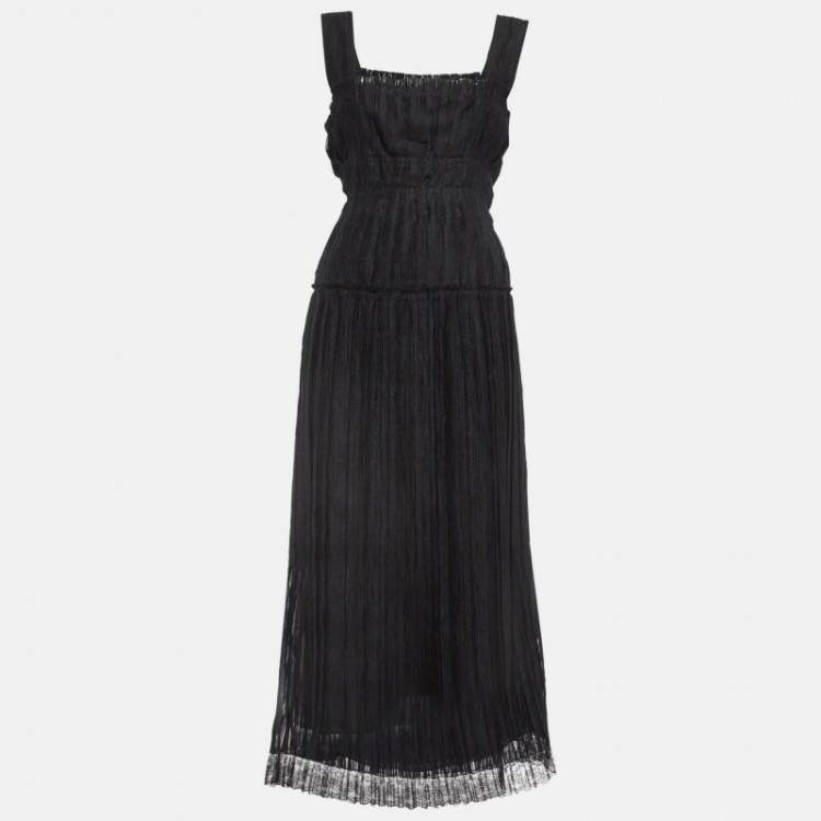 Pre Owned Bottega Veneta Black Silk Blend Pleated Lace Trim Midi Dress L