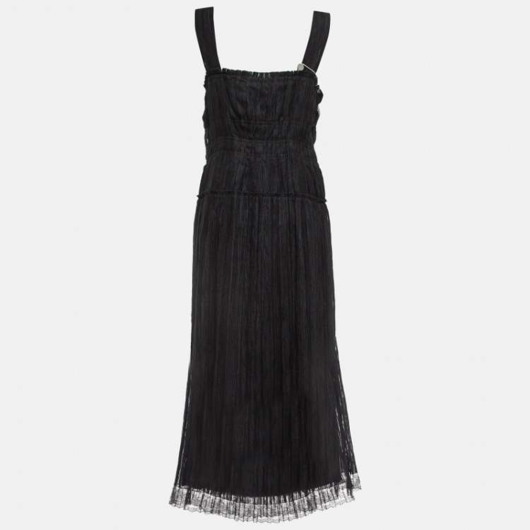 Pre Owned Bottega Veneta Black Silk Blend Pleated Lace Trim Midi Dress L