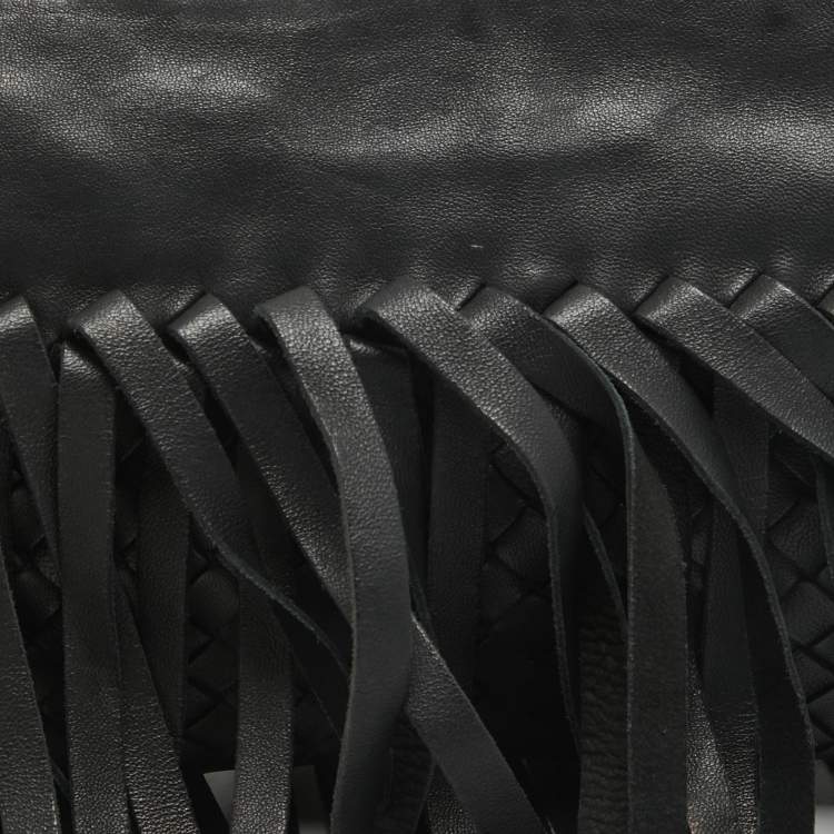 Pre Owned Bottega Veneta Black Intrecciato Leather Fringe Clutch
