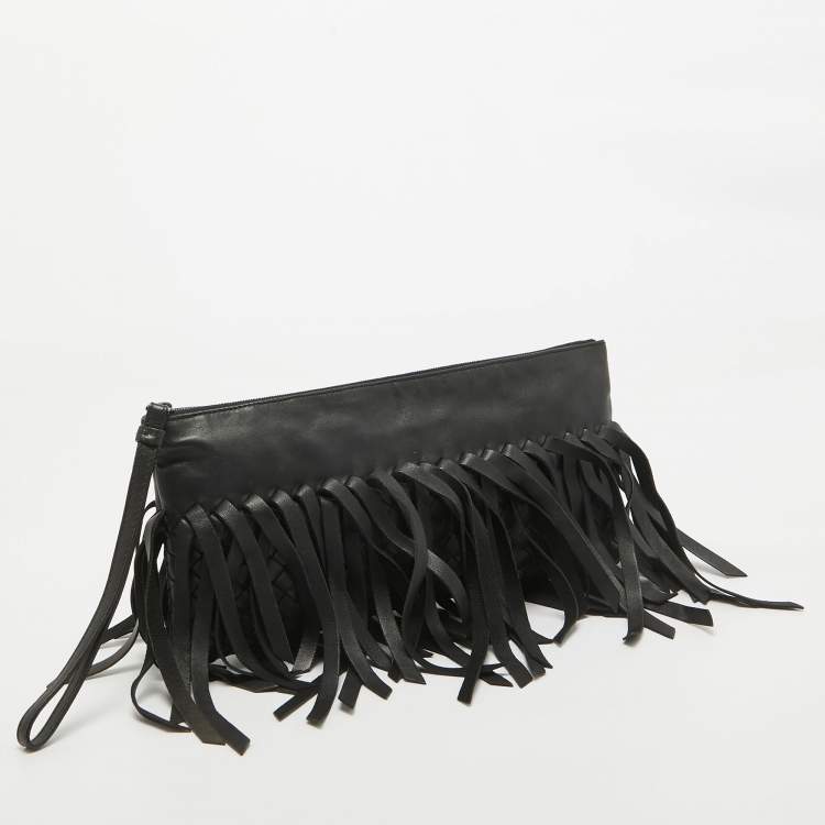 Pre Owned Bottega Veneta Black Intrecciato Leather Fringe Clutch