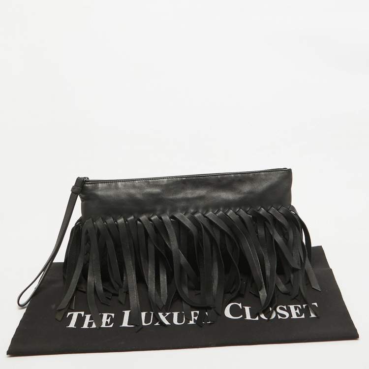 Pre Owned Bottega Veneta Black Intrecciato Leather Fringe Clutch