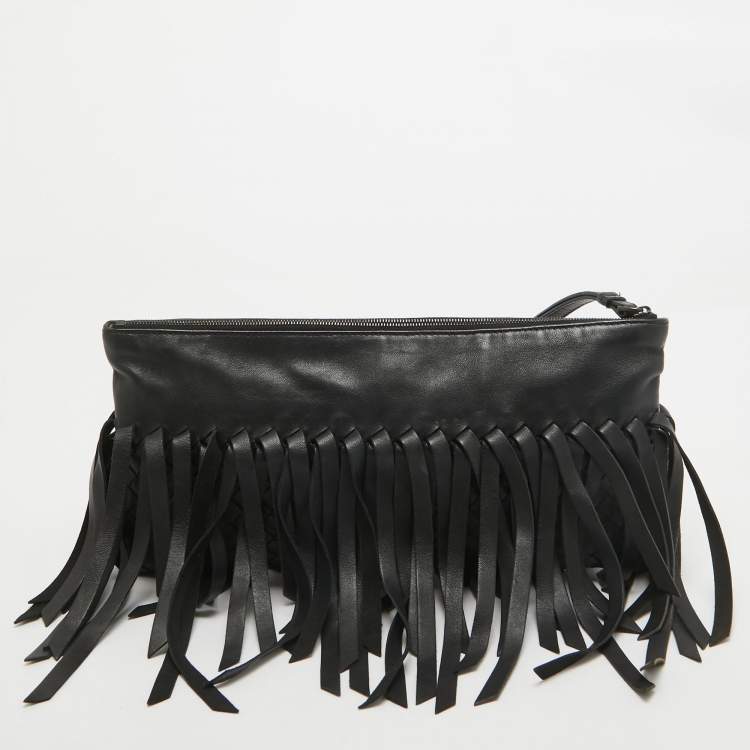 Pre Owned Bottega Veneta Black Intrecciato Leather Fringe Clutch