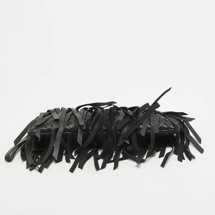 Pre Owned Bottega Veneta Black Intrecciato Leather Fringe Clutch