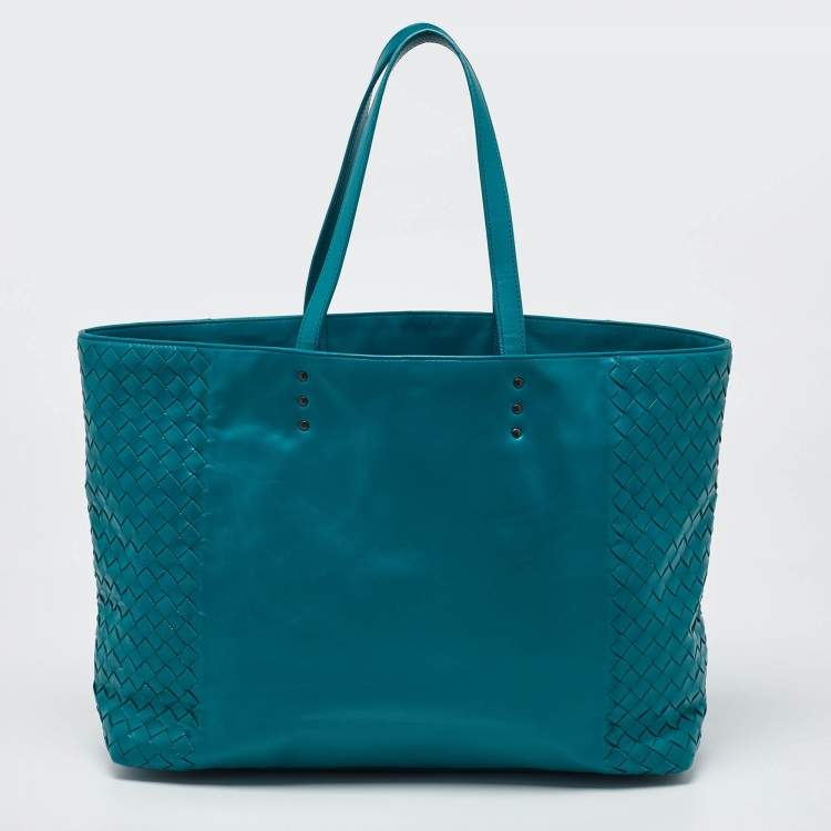 Pre Owned Bottega Veneta Green Intrecciato Leather Open Tote