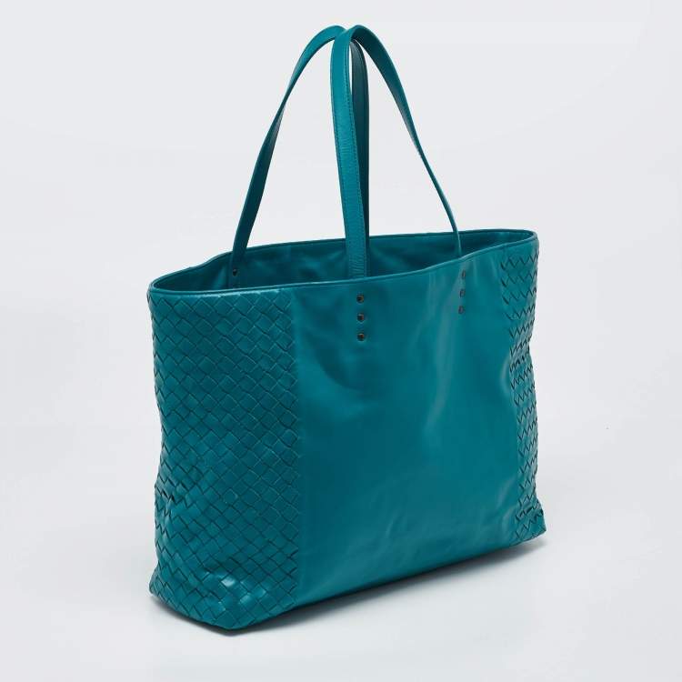 Pre Owned Bottega Veneta Green Intrecciato Leather Open Tote