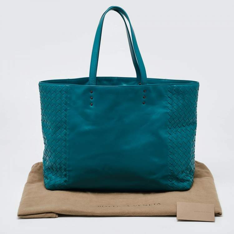 Pre Owned Bottega Veneta Green Intrecciato Leather Open Tote
