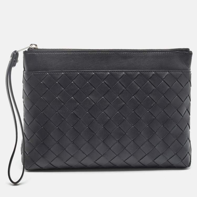 Pre Owned Bottega Veneta Black Intrecciato Leather Prism Wristlet Pouch 