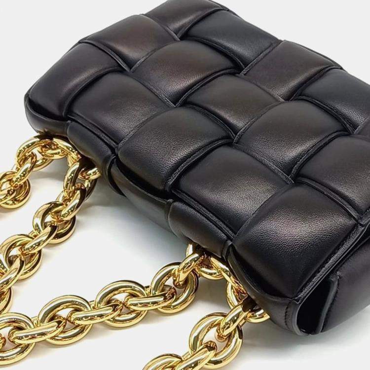 Pre Owned Bottega Veneta Black Leather Padded Cassette Chain Shoulder Bag