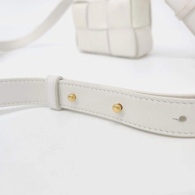 Pre Owned Bottega Veneta  White Lambskin Intrecciato Cassette Crossbody Bag 