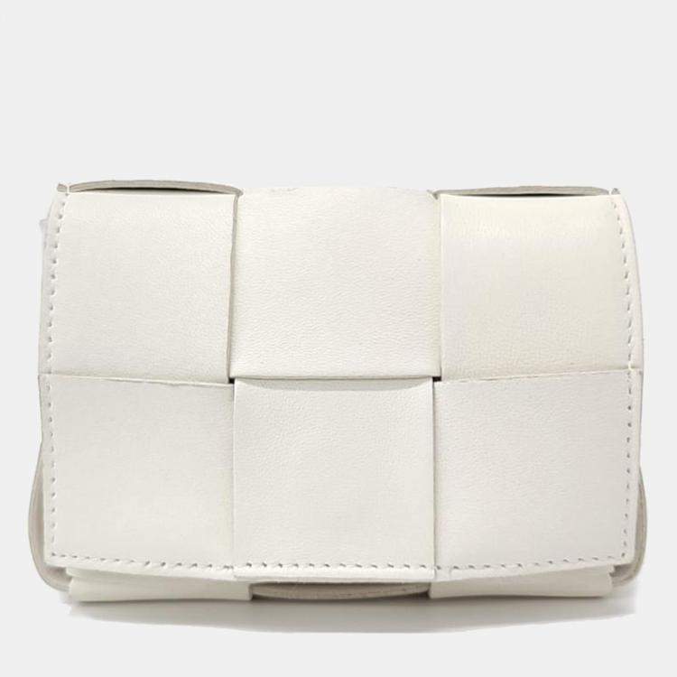 Pre Owned Bottega Veneta  White Lambskin Intrecciato Cassette Crossbody Bag 