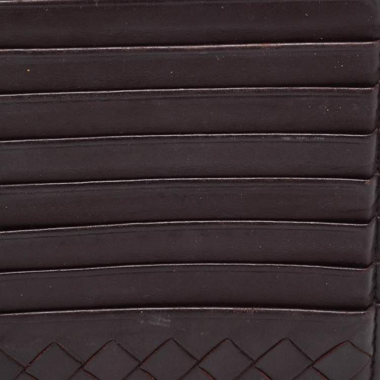 Pre Owned Bottega Veneta Dark Burgundy Intrecciato Leather Zip Card Holder