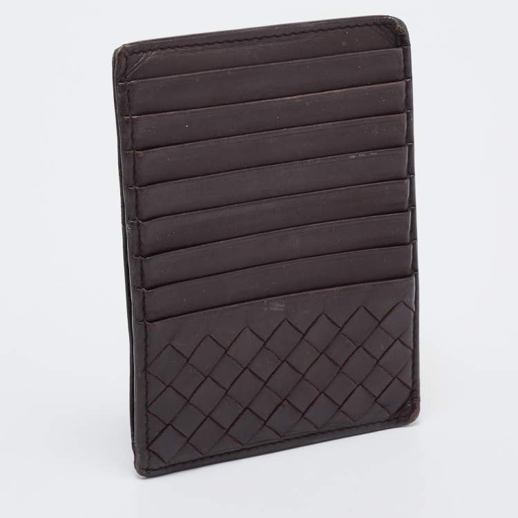 Pre Owned Bottega Veneta Dark Burgundy Intrecciato Leather Zip Card Holder