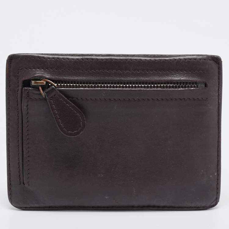 Pre Owned Bottega Veneta Dark Burgundy Intrecciato Leather Zip Card Holder