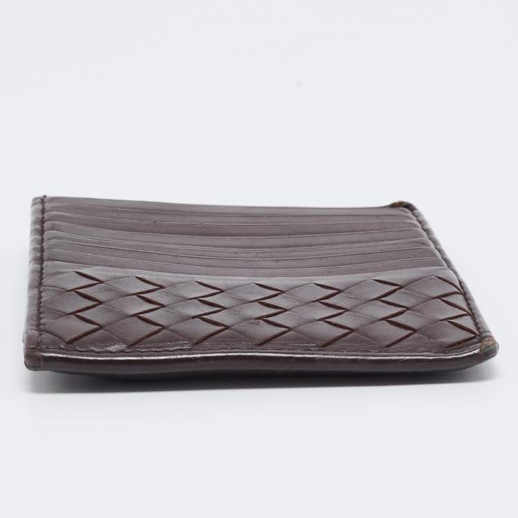 Pre Owned Bottega Veneta Dark Burgundy Intrecciato Leather Zip Card Holder