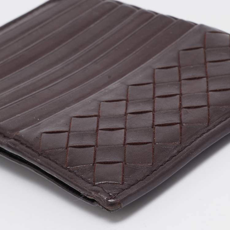 Pre Owned Bottega Veneta Dark Burgundy Intrecciato Leather Zip Card Holder
