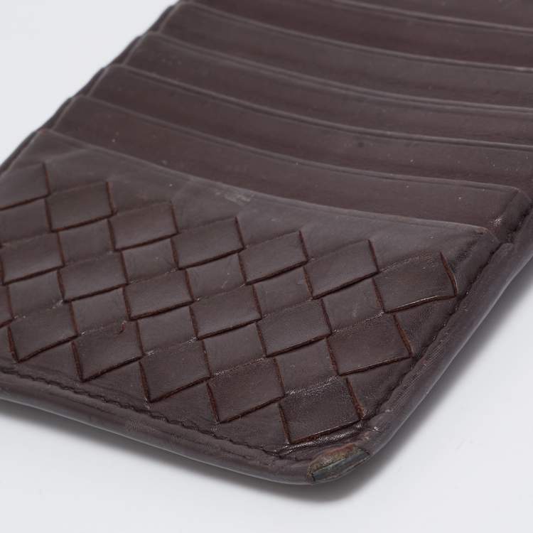 Pre Owned Bottega Veneta Dark Burgundy Intrecciato Leather Zip Card Holder