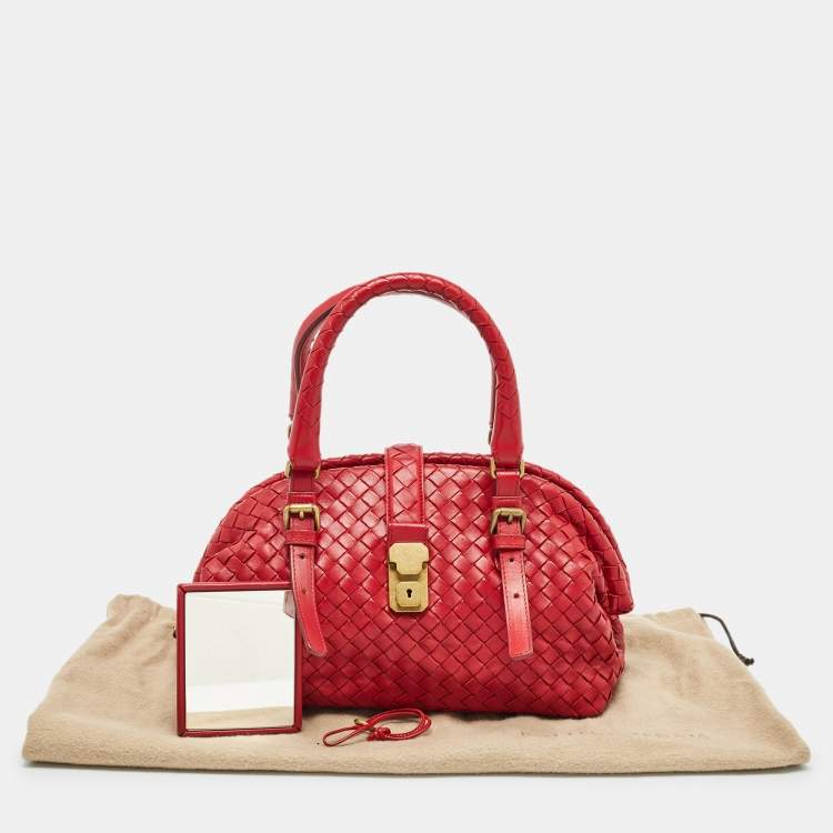 Pre Owned Bottega Veneta Red Intrecciato Leather Pushlock Flap Satchel