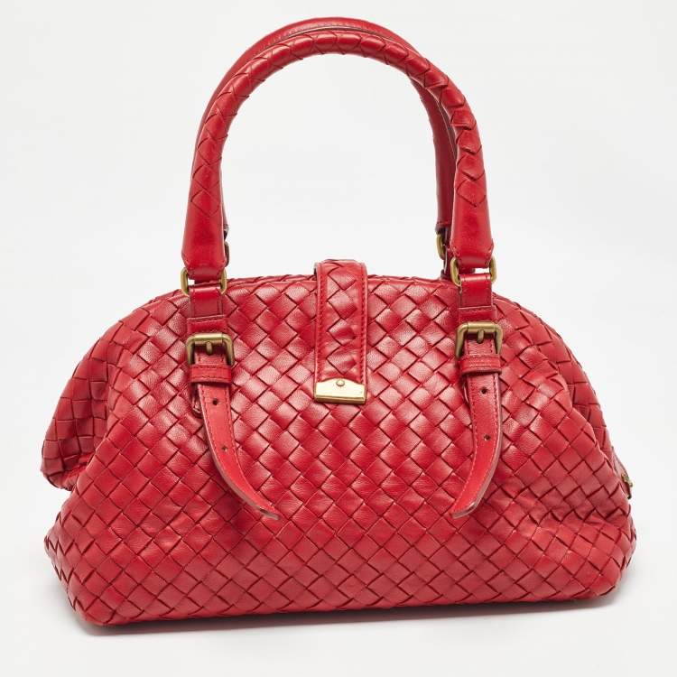 Pre Owned Bottega Veneta Red Intrecciato Leather Pushlock Flap Satchel