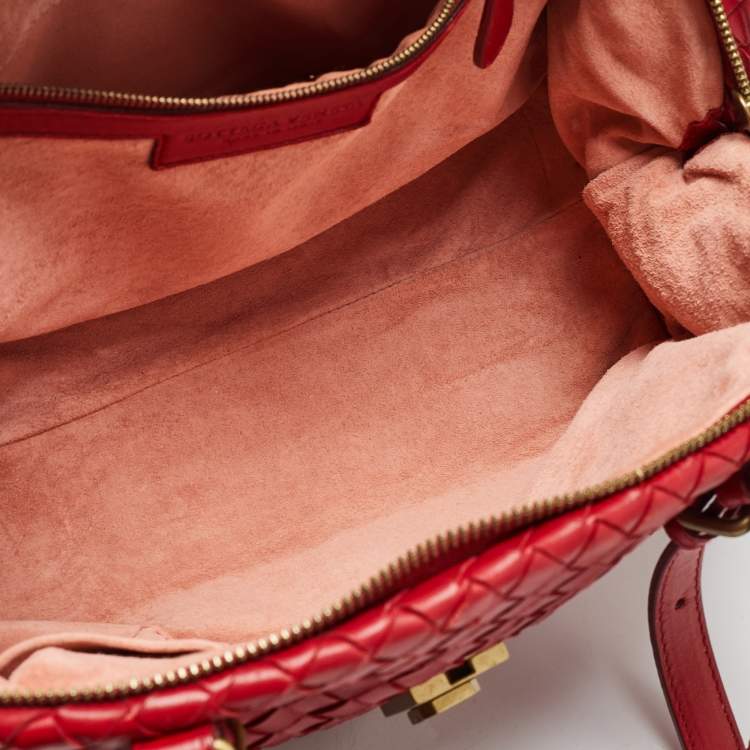 Pre Owned Bottega Veneta Red Intrecciato Leather Pushlock Flap Satchel