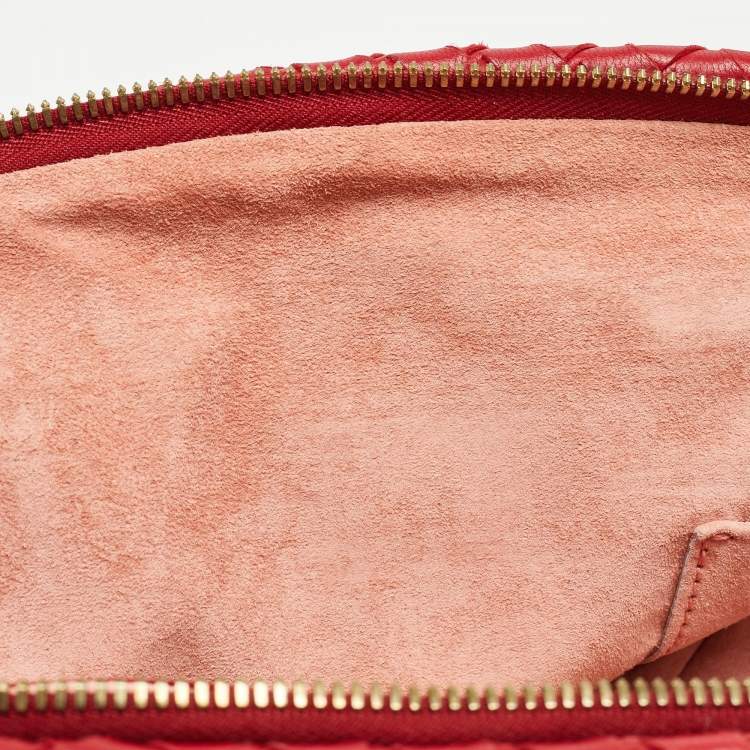 Pre Owned Bottega Veneta Red Intrecciato Leather Pushlock Flap Satchel