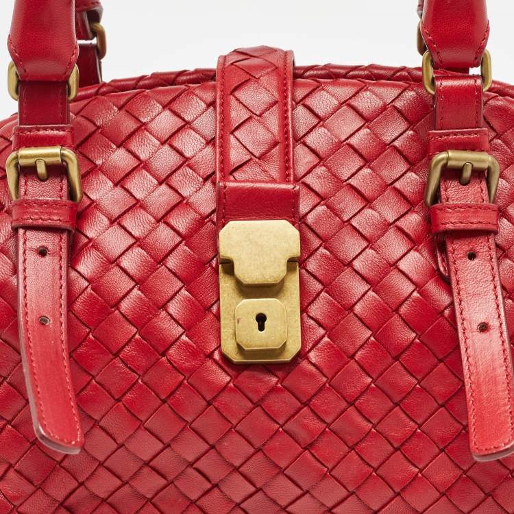 Pre Owned Bottega Veneta Red Intrecciato Leather Pushlock Flap Satchel