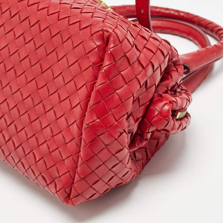 Pre Owned Bottega Veneta Red Intrecciato Leather Pushlock Flap Satchel