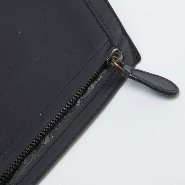 Pre Owned Bottega Veneta Dark Blue Intrecciato Leather Zip Card Holder