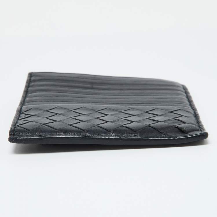 Pre Owned Bottega Veneta Dark Blue Intrecciato Leather Zip Card Holder