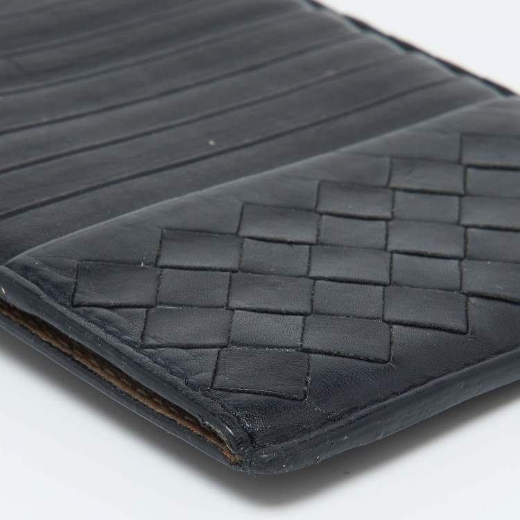 Pre Owned Bottega Veneta Dark Blue Intrecciato Leather Zip Card Holder