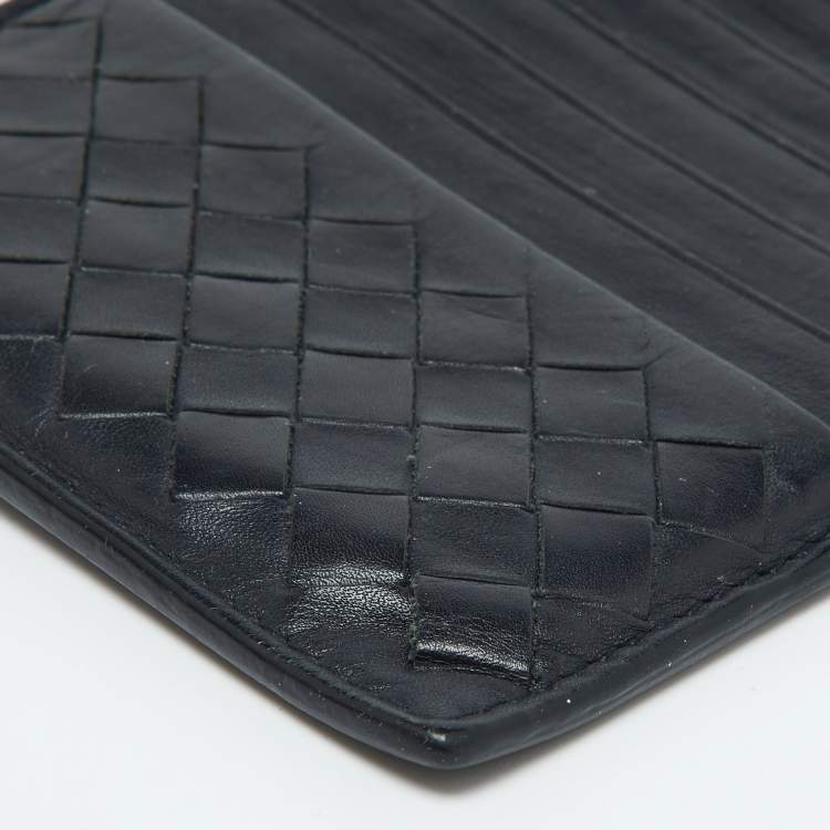 Pre Owned Bottega Veneta Dark Blue Intrecciato Leather Zip Card Holder