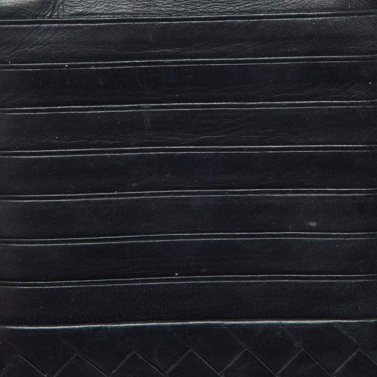 Pre Owned Bottega Veneta Dark Blue Intrecciato Leather Zip Card Holder