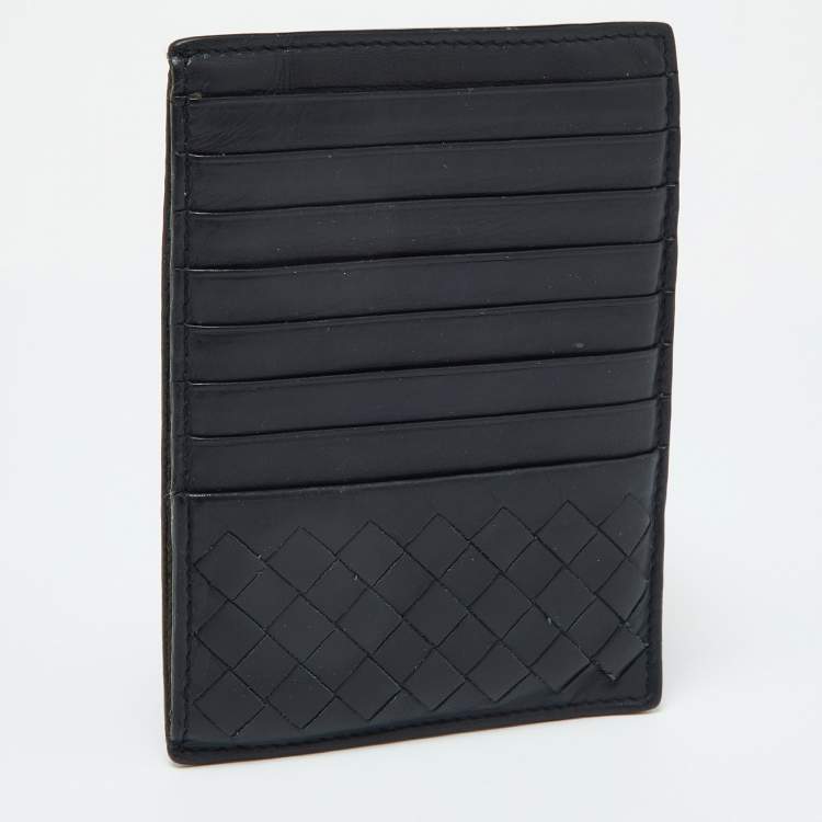Pre Owned Bottega Veneta Dark Blue Intrecciato Leather Zip Card Holder