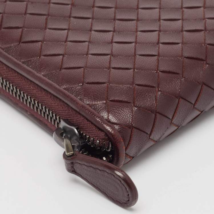 Pre Owned Bottega Veneta Burgundy Intrecciato Leather Zip Around Wallet
