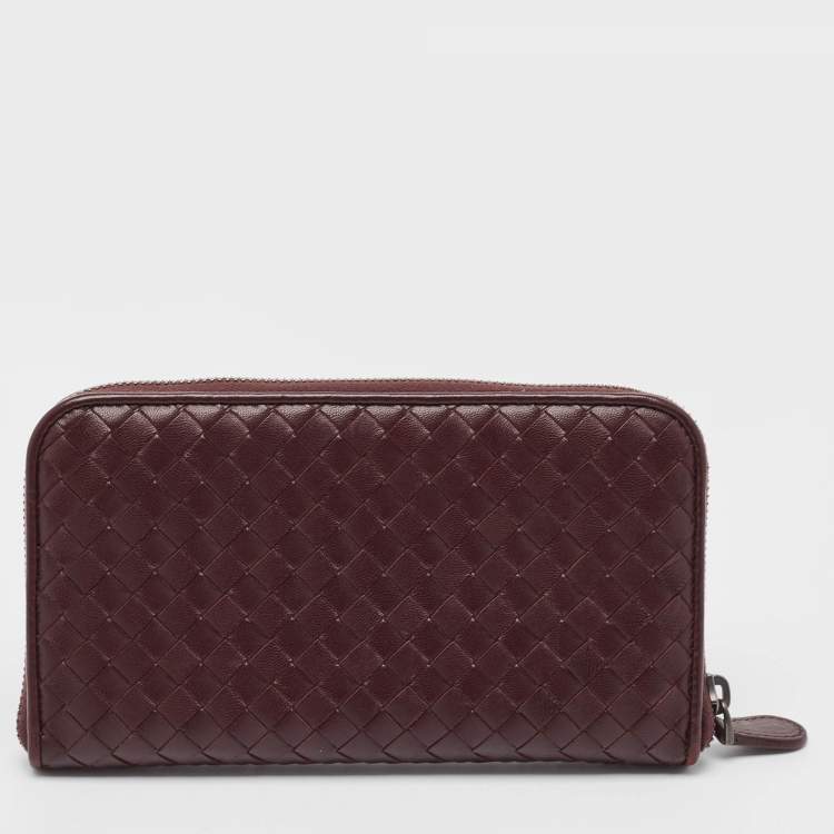 Pre Owned Bottega Veneta Burgundy Intrecciato Leather Zip Around Wallet