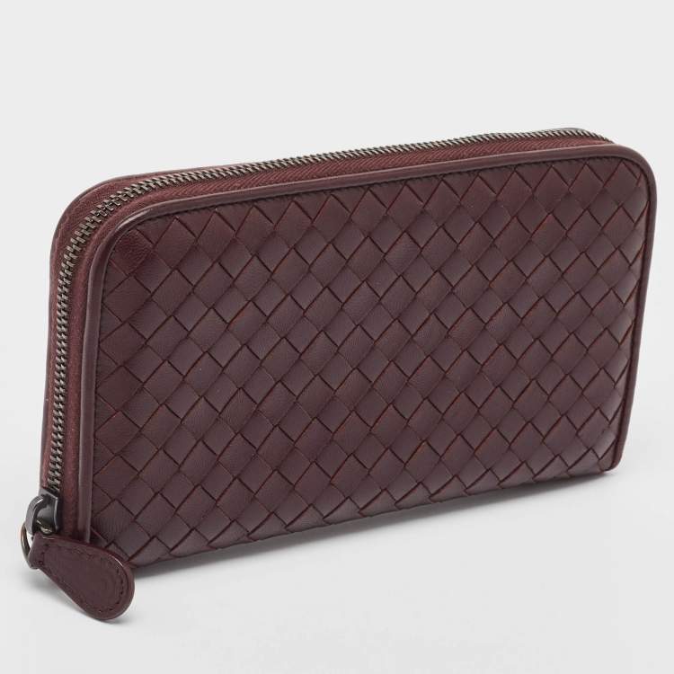 Pre Owned Bottega Veneta Burgundy Intrecciato Leather Zip Around Wallet