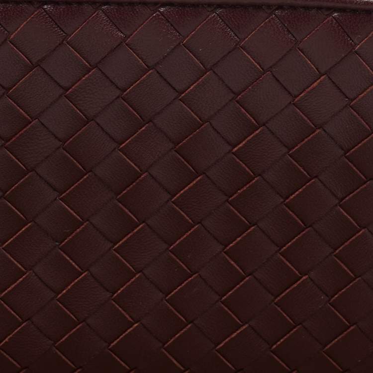 Pre Owned Bottega Veneta Burgundy Intrecciato Leather Zip Around Wallet