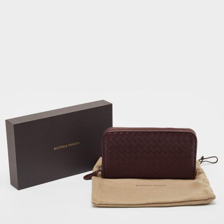 Pre Owned Bottega Veneta Burgundy Intrecciato Leather Zip Around Wallet