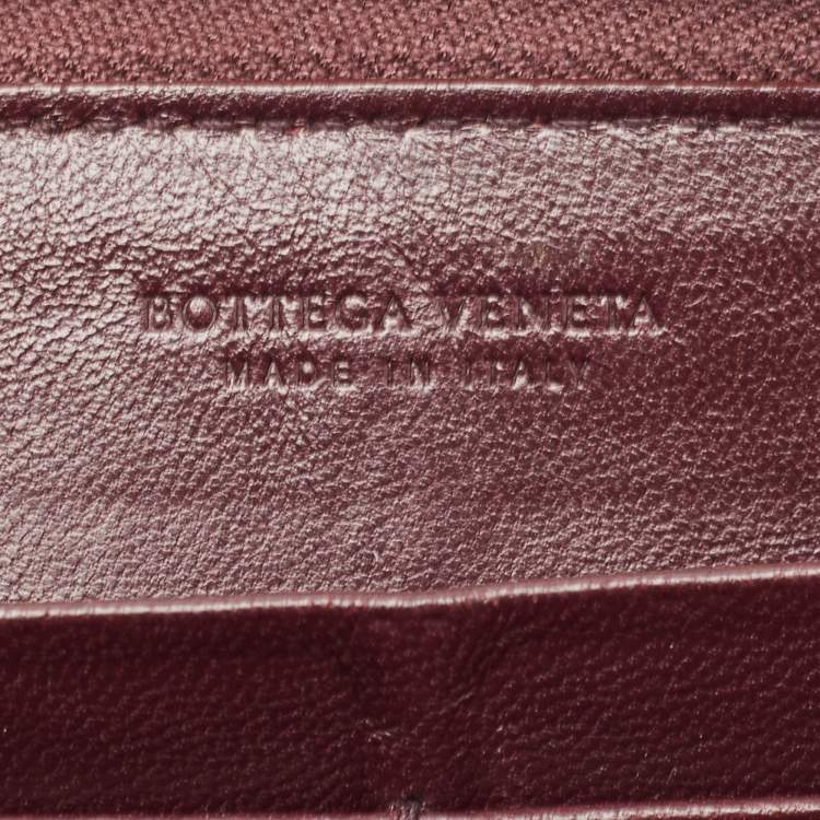 Pre Owned Bottega Veneta Burgundy Intrecciato Leather Zip Around Wallet