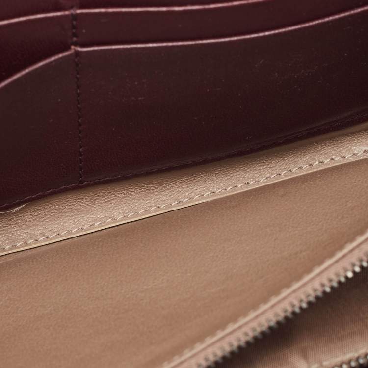 Pre Owned Bottega Veneta Burgundy Intrecciato Leather Zip Around Wallet