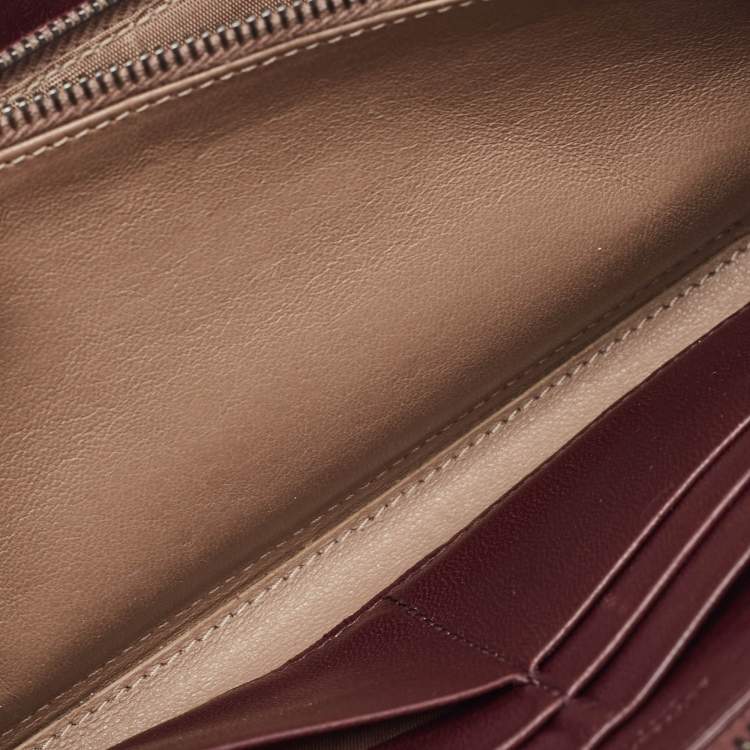 Pre Owned Bottega Veneta Burgundy Intrecciato Leather Zip Around Wallet