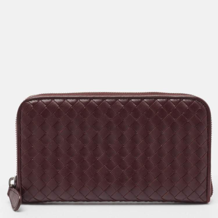 Pre Owned Bottega Veneta Burgundy Intrecciato Leather Zip Around Wallet