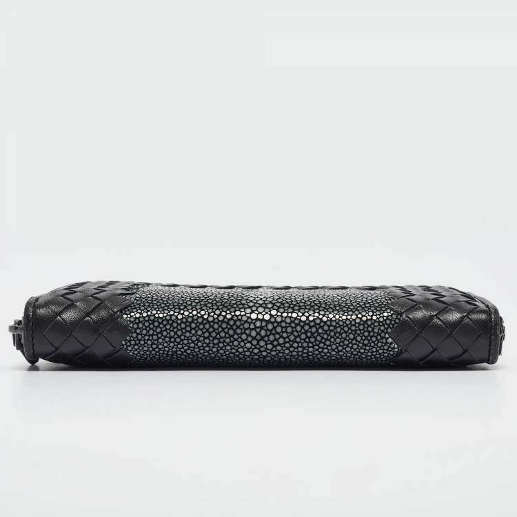Pre Owned Bottega Veneta Black/Grey Intrecciato Leather and Stingray Zip Around Wallet