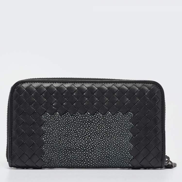 Pre Owned Bottega Veneta Black/Grey Intrecciato Leather and Stingray Zip Around Wallet