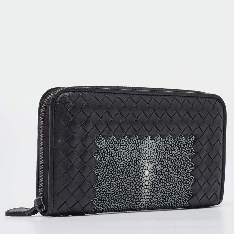 Pre Owned Bottega Veneta Black/Grey Intrecciato Leather and Stingray Zip Around Wallet