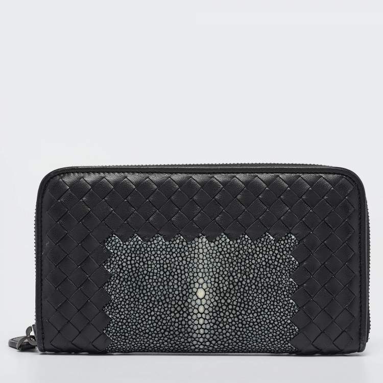Pre Owned Bottega Veneta Black/Grey Intrecciato Leather and Stingray Zip Around Wallet
