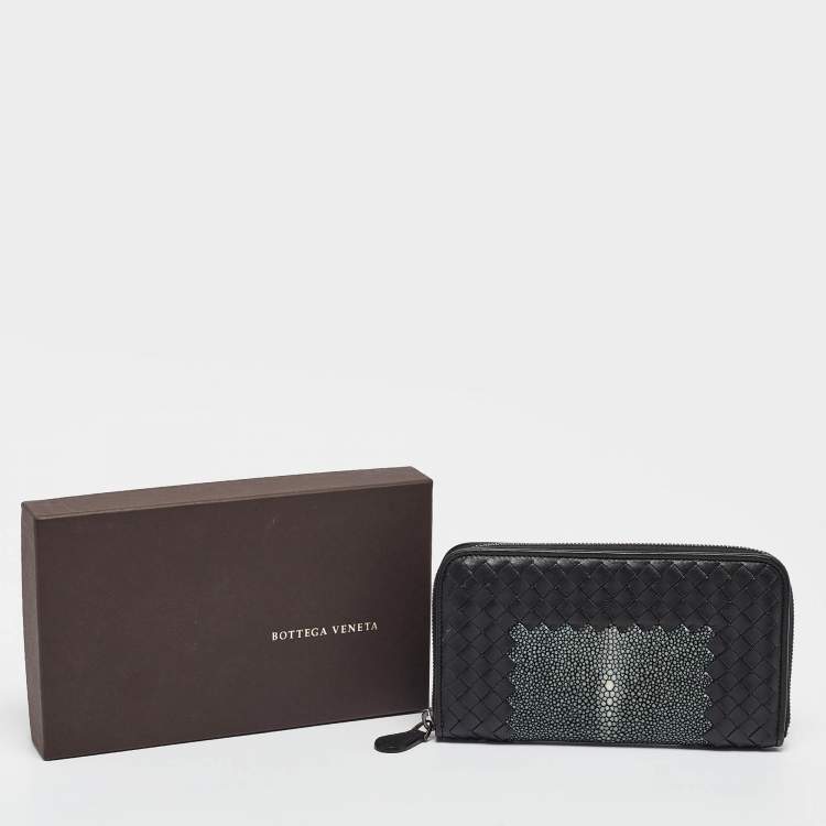 Pre Owned Bottega Veneta Black/Grey Intrecciato Leather and Stingray Zip Around Wallet