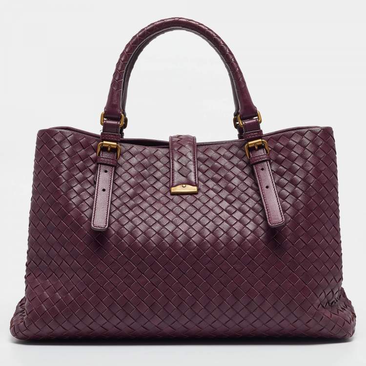 Pre Owned Bottega Veneta Plum Intrecciato Leather Medium Roma Tote