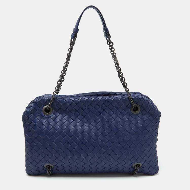Pre Owned Bottega Veneta Blue Intrecciato Leather Chain Bag