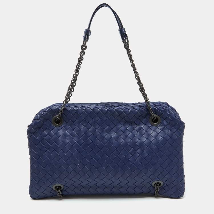 Pre Owned Bottega Veneta Blue Intrecciato Leather Chain Bag